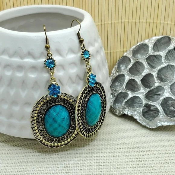 Bold Antiqued Swirl Gem Earrings Turquoise Bronze - Picture 3 of 6